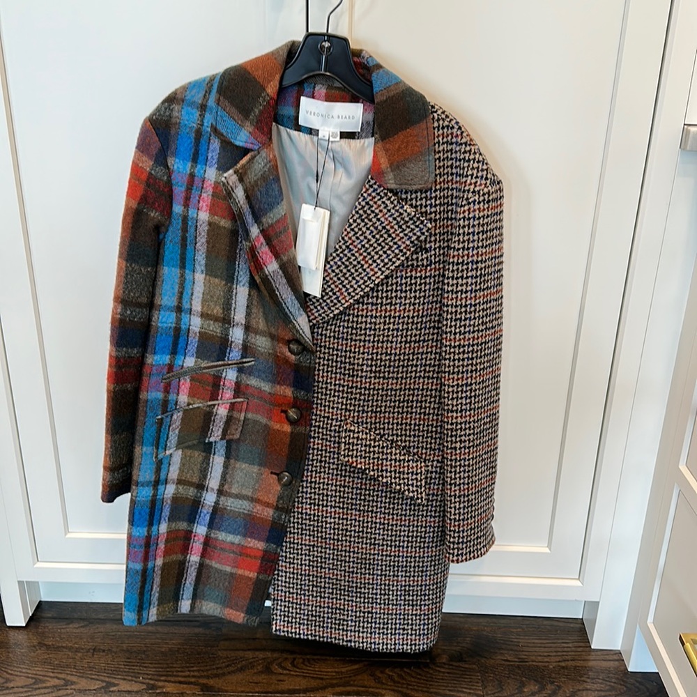 Veronica Beard Multicolor Plaid & Houndstooth Wool Coat - Blue, Red, Brown